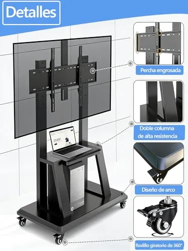 Hellsehen ▫️ Suporte para TV móvel, carrinho de TV com rodas e altura ajustável, suporte de chão resistente para ecrãs planos LCD, LED e OLED de 32 a 190,5 cm, quadro inteligente móvel, capacidade 3