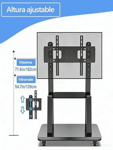 Hellsehen ▫️ Suporte para TV móvel, carrinho de TV com rodas e altura ajustável, suporte de chão resistente para ecrãs planos LCD, LED e OLED de 32 a 190,5 cm, quadro inteligente móvel, capacidade 5