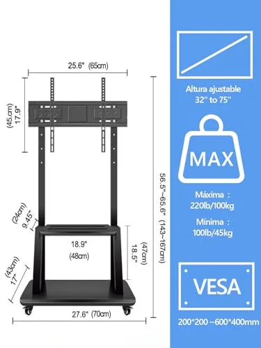 Hellsehen ▫️ Suporte para TV móvel, carrinho de TV com rodas e altura ajustável, suporte de chão resistente para ecrãs planos LCD, LED e OLED de 32 a 190,5 cm, quadro inteligente móvel, capacidade 6