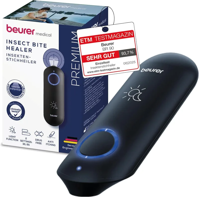 Beurer ▫️ BiteX Day&Night BR 90 Aparelho contra picadas de insetos, dispositivo térmico eletrónico para o tratamento de picadas e mordidas de insetos, com luz para utilização no escuro, gadget de viagem.