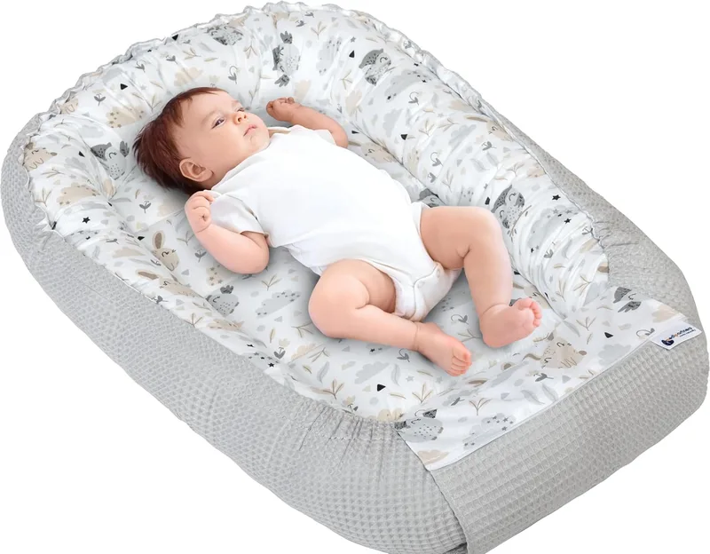 Medi Partners ▫️ Nido Bebe Recém-Nascido Redutor de Berço - 100x60x15 Portátil ou de Viagem, para Co-leito, Anticolicas, Bilateral, Bebés, 100% Algodão Gofrado (Glade com Cinza Gofrado)