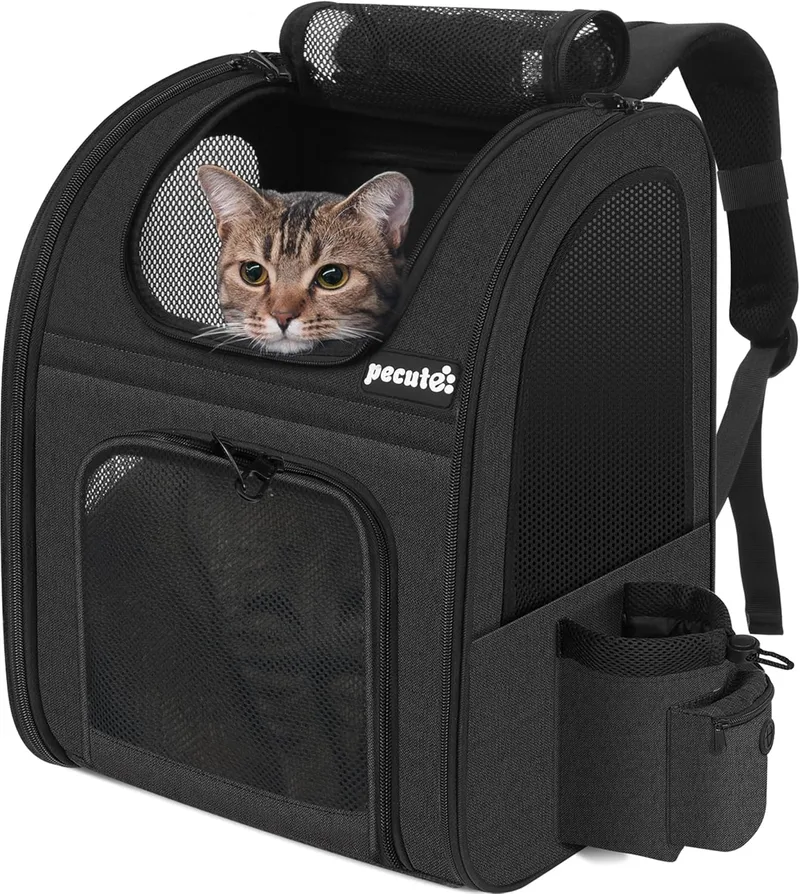 Pecute ▫️ Transportin Dog Pet Backpack < 6kg, mochila para gatos com janela de malha, transportador de gatos 44x34x27cm para viagens de carro, trem e atividades ao ar livre, como caminhadas em preto