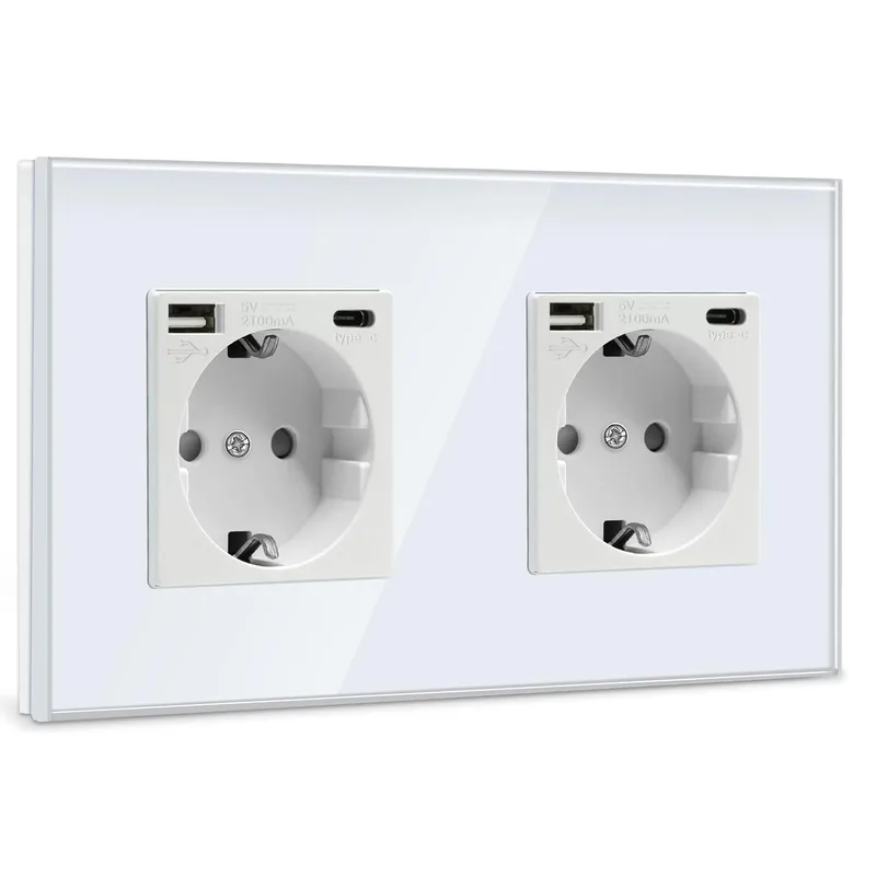 BSEED ▫️ Tomada de parede dupla com USB (máx. 2,1 A) e porta Tipo C, tomada Schuko branca, tomada com 2 carregadores USB e Tipo C, adequada para smartphones, MP3 e tablets, para cozinha e quarto