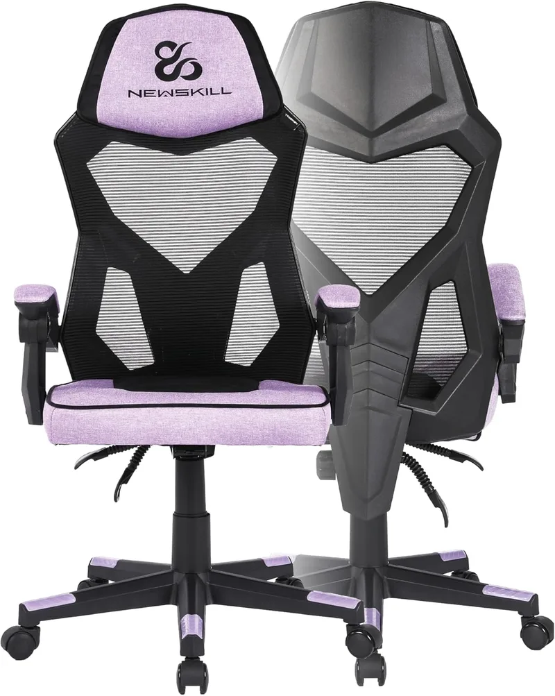 NEWSKILL ▫️ Eros: Cadeira de jogos ergonómica com encosto em malha, assento almofadado e base metálica - Cor roxa