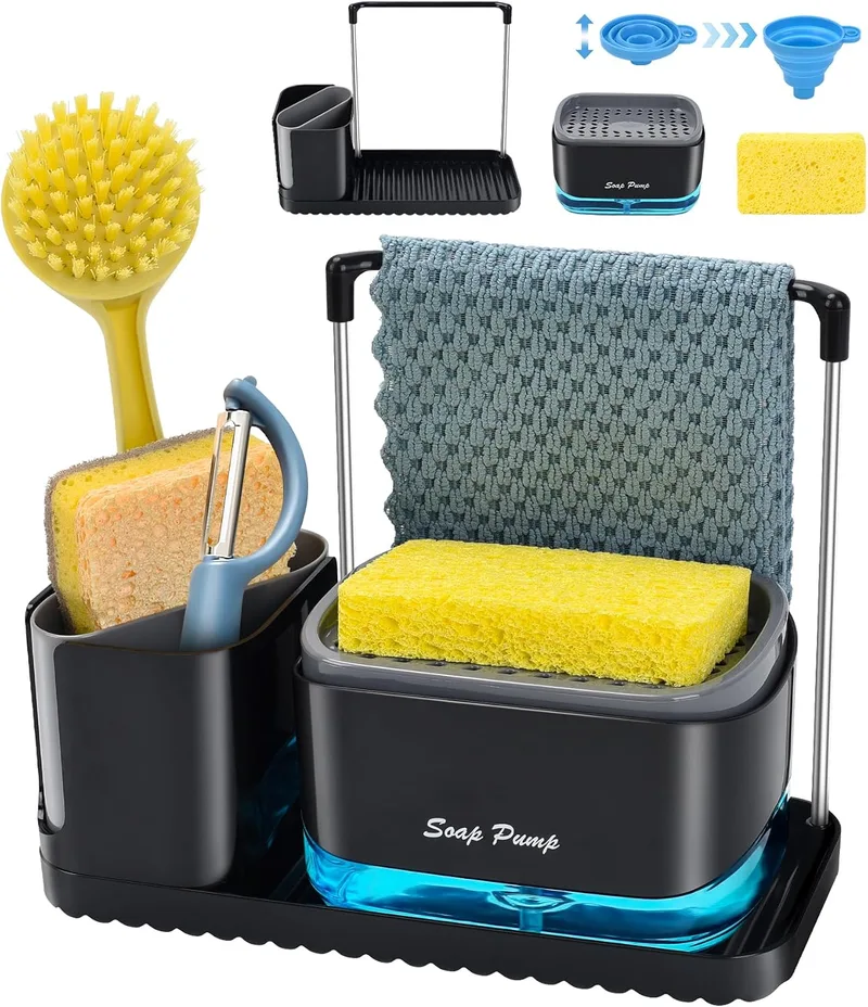 Bestseek ▫️ Conjunto de dispensador de sabão de cozinha com tabuleiro e suporte para esponja, organizador de lava-loiça com pano de cozinha e suporte para escova de louça, para arrumação na bancada,