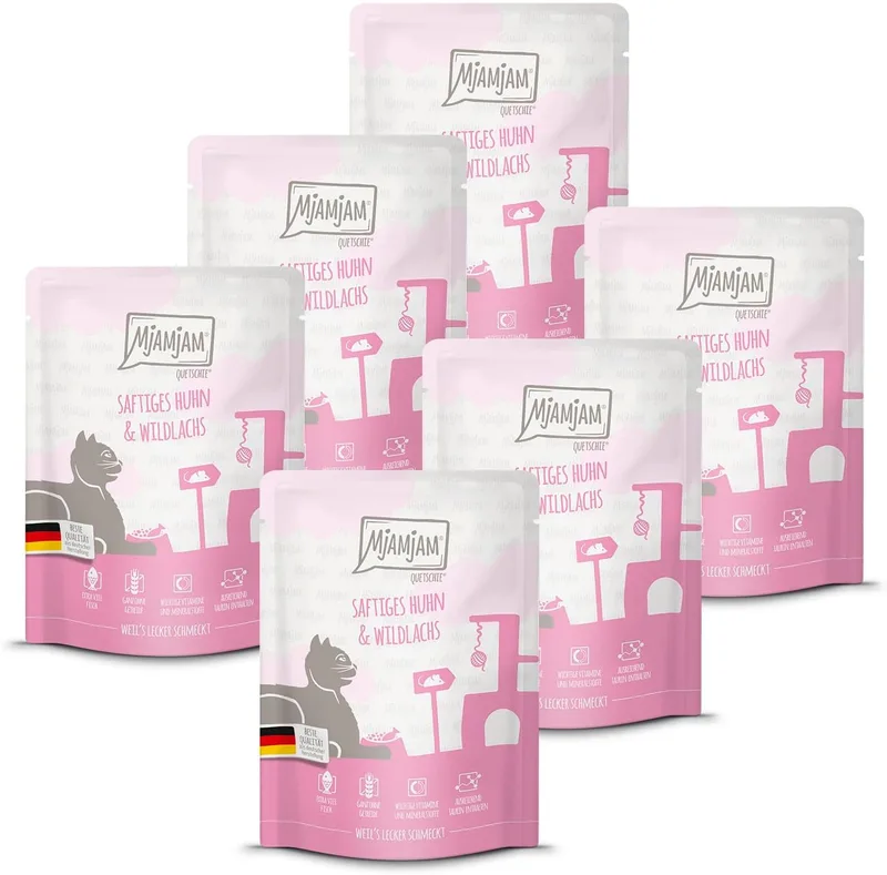 MjAMjAM ▫️ comida húmida premium para gatos - Quetschie - deliciosos camarões sobre frango suculento, embalagem de 6 (6 x 300 g), sem cereais e com carne extra