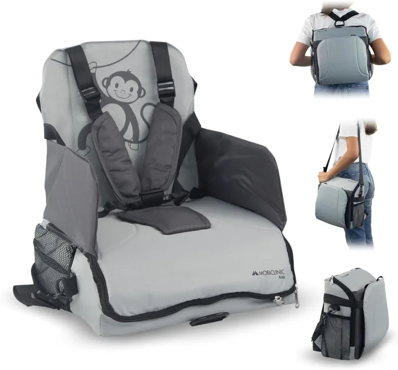 Mobiclinic ▫️ ®, Cadeira de bebé portátil, Monkey, Para viagem, 6 a 36 meses, Até 15 kg, Dobrável, Arnês ajustável de 5 pontos, Com espaço de arrumação, Cadeira de bebé, Cor cinzenta