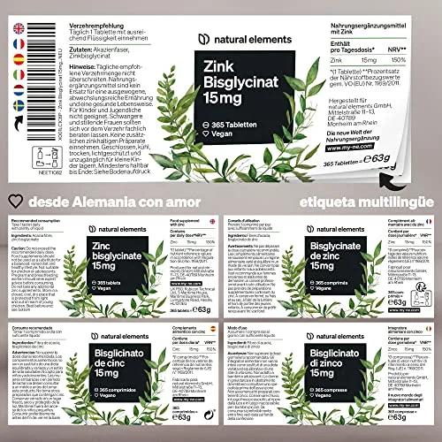 natural elements ▫️ Bisglicinato de zinco 15 mg - 365 comprimidos (1 ano) - Para o cabelo, a pele, as unhas e para reforçar o sistema imunitário - Bisglicinato de zinco de elevada biodisponibilidade 5