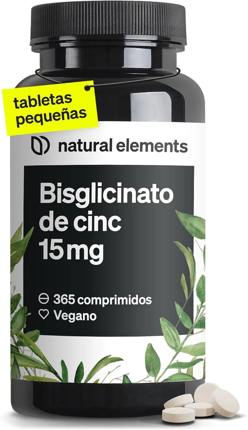 natural elements ▫️ Bisglicinato de zinco 15 mg - 365 comprimidos (1 ano) - Para o cabelo, a pele, as unhas e para reforçar o sistema imunitário - Bisglicinato de zinco de elevada biodisponibilidade