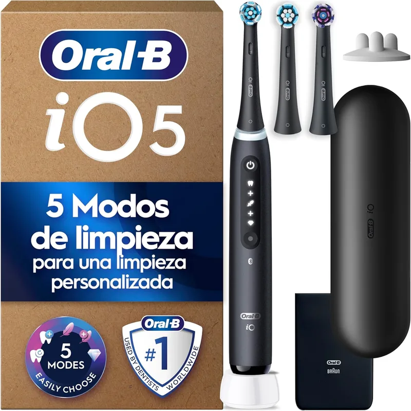 Oral-B ▫️ iO 5N Electric Toothbrush with Rechargeable Handle, 3 Brush Heads and Travel Case, Designed by Braun - Black,