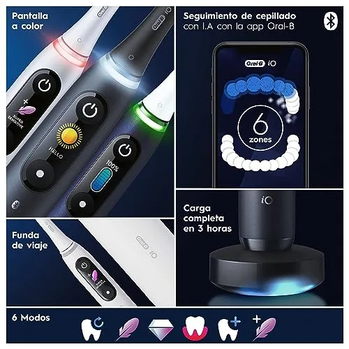 Oral-B ▫️ Escovas de dentes elétricas iO 8 (embalagem de 2) – 2 cabos recarregáveis, tecnologia magnética, ecrã a cores, 4 cabeças de escova, estojo de viagem, presentes originais para mulher e homem, preto e violeta 6