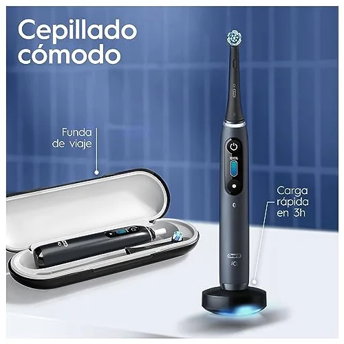 Oral-B ▫️ Escovas de dentes elétricas iO 8 (embalagem de 2) – 2 cabos recarregáveis, tecnologia magnética, ecrã a cores, 4 cabeças de escova, estojo de viagem, presentes originais para mulher e homem, preto e violeta 7
