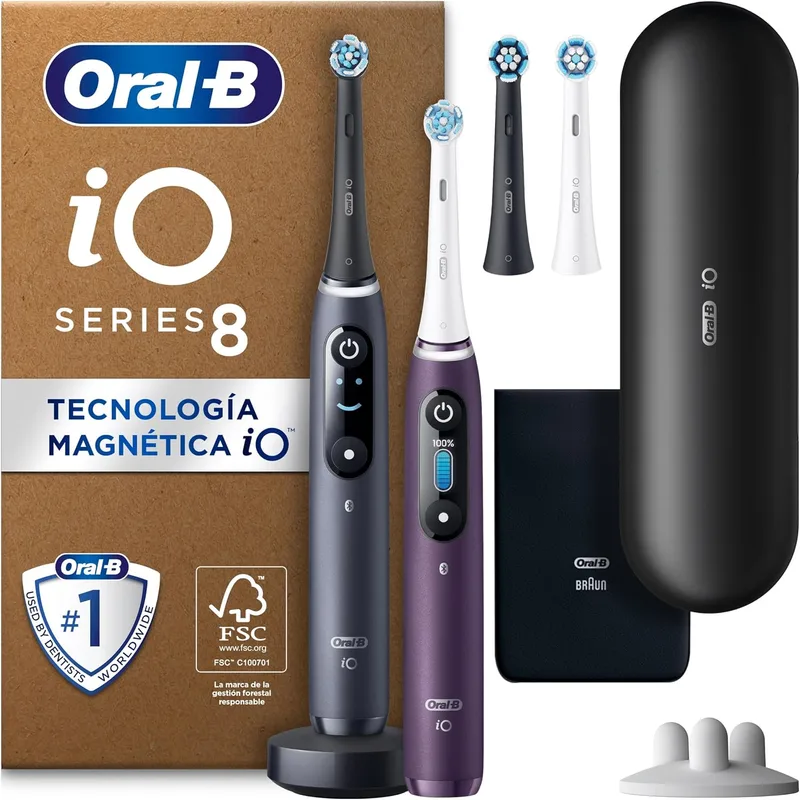 Oral-B ▫️ Escovas de dentes elétricas iO 8 (embalagem de 2) – 2 cabos recarregáveis, tecnologia magnética, ecrã a cores, 4 cabeças de escova, estojo de viagem, presentes originais para mulher e homem, preto e violeta