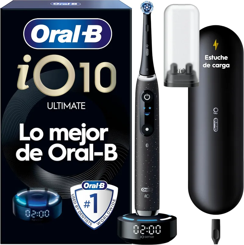 Oral-B ▫️ Escova de dentes elétrica iO 10 preta com cabo recarregável, 1 cabeça de escova e 1 estojo de carregamento de viagem, 7 modos de escovagem, sensor de pressão, monitorização através da aplicação, concebida pela Braun
