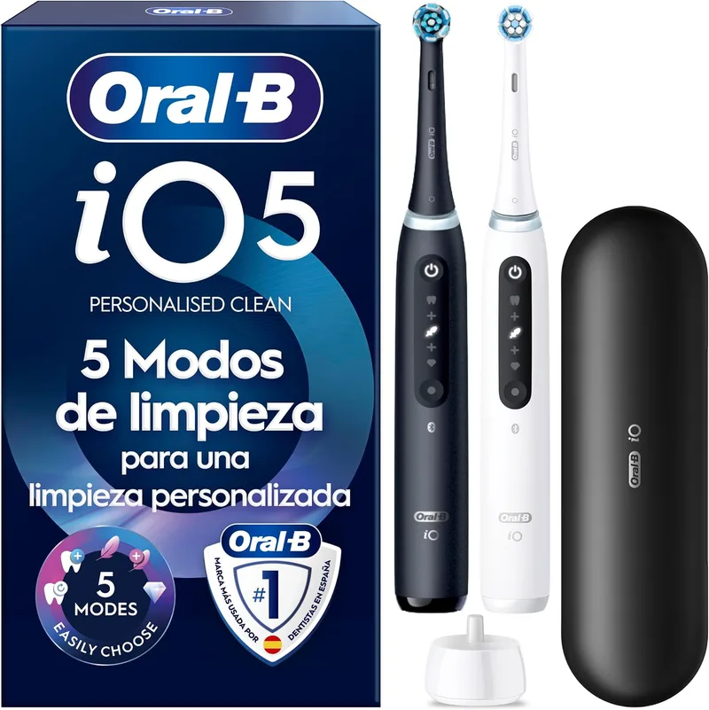 Oral-B ▫️ Escovas de dentes elétricas iO 5N, pretas e brancas, embalagem de 2, 2 cabeças - Escova de dentes com 5 modos de escovagem, sensor de pressão, estojo de viagem, bateria de longa duração