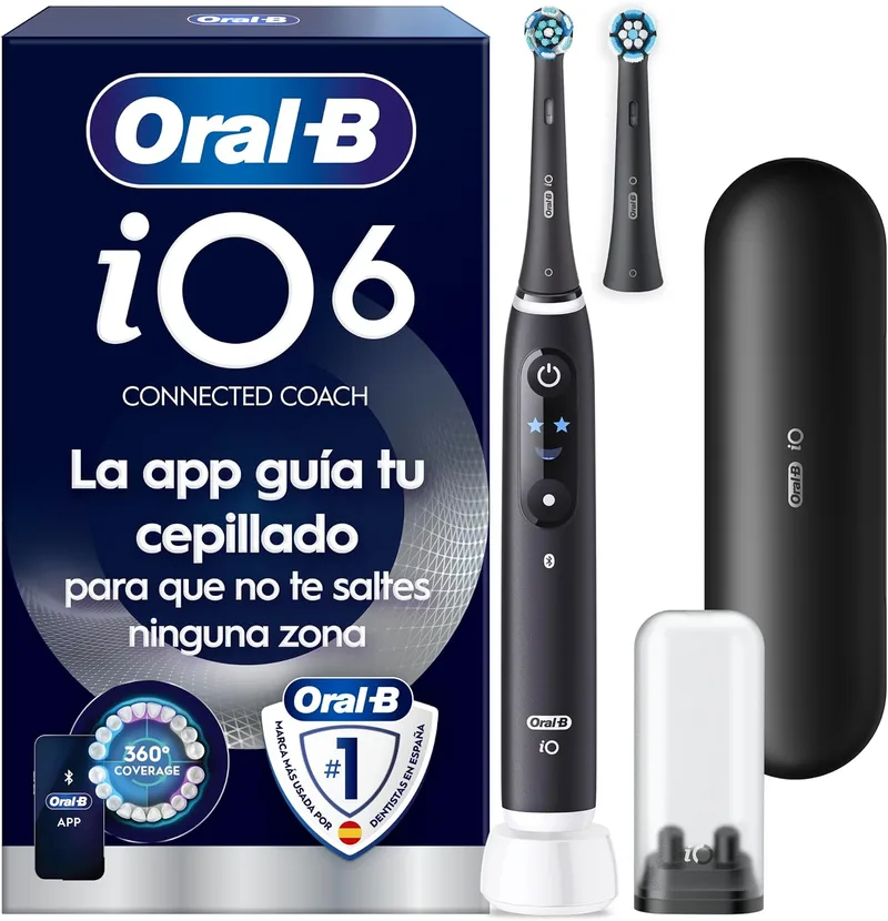 Oral-B ▫️ Escova de dentes elétrica iO 6N, com 2 cabeças, preta - Escova de dentes com sensor de pressão, 5 modos de escovagem com branqueamento dentário, estojo de viagem, concebida pela Braun