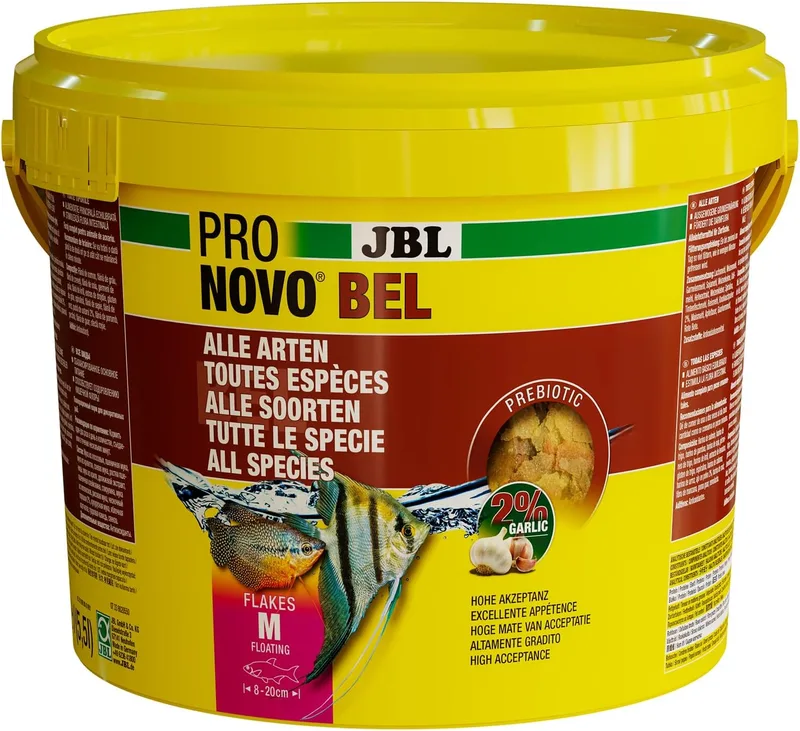 JBL ▫️ PRONOVO BEL Flakes, Alimento principal para todos os peixes de aquário de 8 a 20 cm, Flocos de alimento para peixes, Tamanho M, 5,5 l