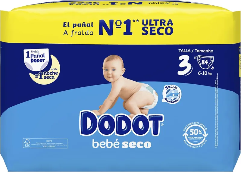 DODOT ▫️ Fraldas Bebé-Seco, Tamanho 3 (6-10 kg), 84 fraldas, uma noite com até 100% de proteção contra fugas
