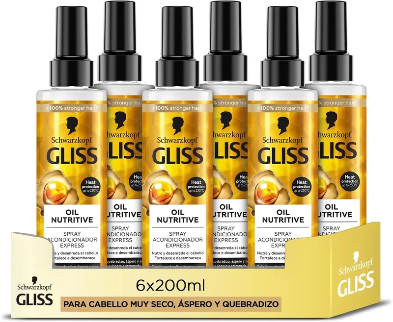 Gliss ▫️ Condicionador bifásico expresso para cabelos muito secos, danificados ou quebradiços - Óleo Nutritivo - 6 unidades de 200ml (1.200ml) - Gama Nutritiva