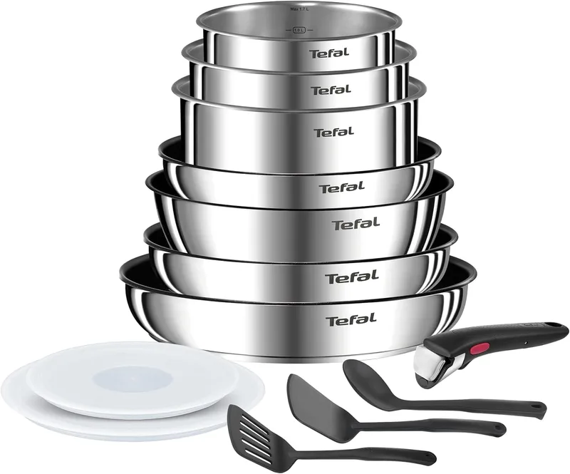 Tefal ▫️ Ingenio Emotion - Conjunto de 3 frigideiras 22/26/28 cm + 3 panelas 16/18/20 cm + panela de cozedura 24 cm + cabo removível + 5 acessórios, adequado para indução, antiaderente, lavável na máquina de lavar louça e adequado para o forno