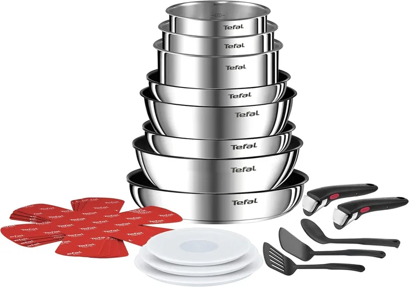 Tefal ▫️ Ingenio Emotion - Conjunto de 3 frigideiras de 22/24/28 cm + 3 panelas de 16/18/20 cm + panela de cozedura de 24 cm + wok de 26 cm + 12 acessórios, Adequado para indução, antiaderentes, adequado para máquina de lavar louça e forno