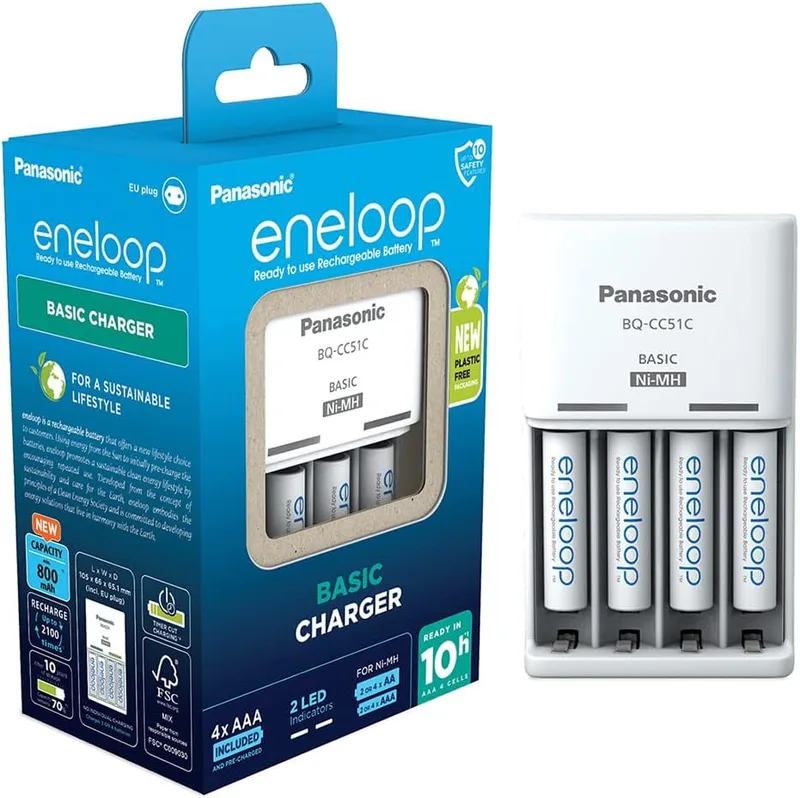 eneloop ▫️ Basic. Carregador para 2 ou 4 pilhas AA/AAA Ni-MH, com 4 pilhas AAA/Micro de capacidade melhorada e 6 novas funções de segurança.