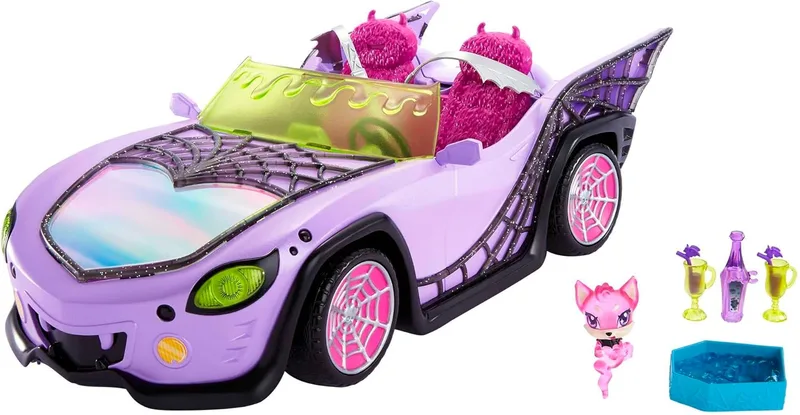 Carro de brincar Monster High, telemóvel Ghoul com animal de estimação e acessórios para a geleira, descapotável roxo com detalhes em teia de aranha, HHK63