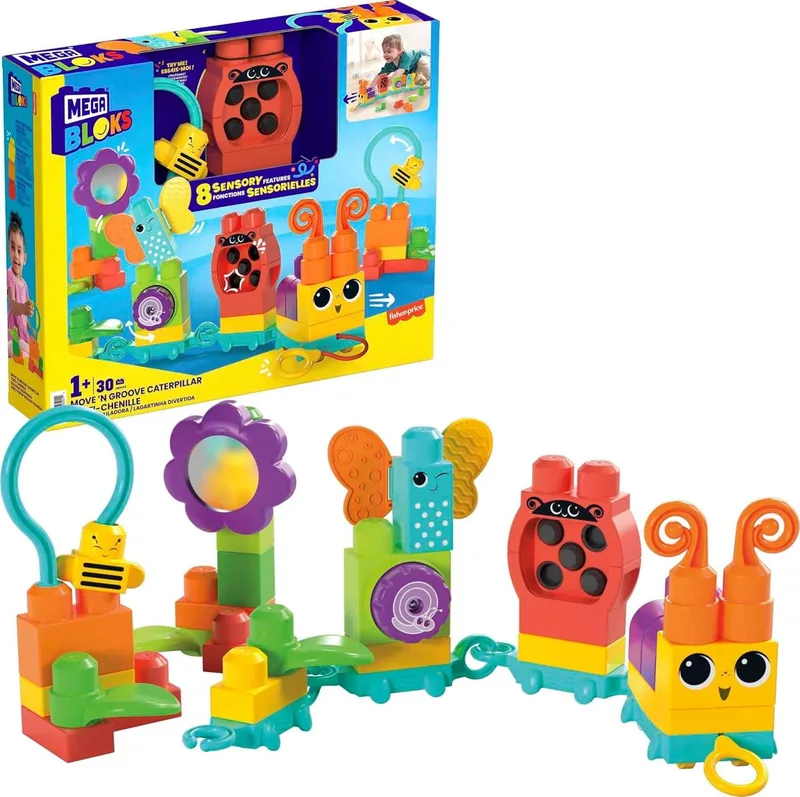 Mega Brands ▫️ Mega Bloks Comboio Lagarta – 30 blocos sensoriais de construção, Brinquedo para maiores de 1 ano (Mattel HKN44)