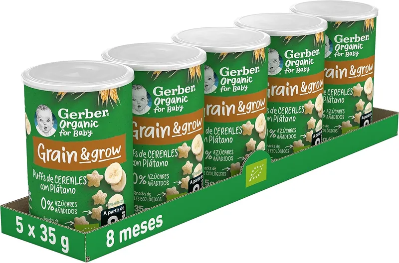 Gerber ▫️ Organic Puffs de Banana, Snack de Cereais para Bebés, Lata de 5x35 g, a partir dos 8 meses