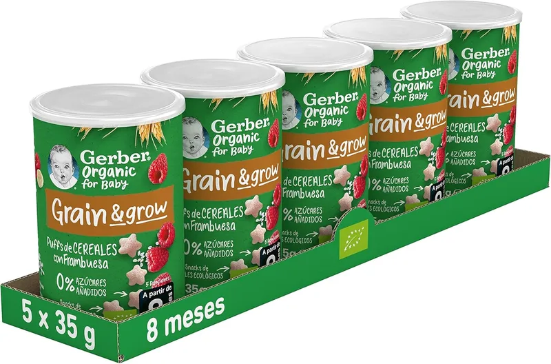 Gerber ▫️ Organic Puffs de Framboesa e Banana, Snack de Cereais para Bebés, Embalagens de 5x35 g, a partir dos 8 meses