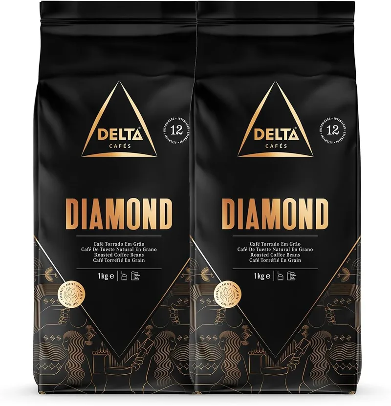 Delta Cafés ▫️ Café em Grão Diamond - 2 Embalagens de 1 Kg - Intensidade 12 - Mistura de grãos de café torrados Arábica e Robusta - Altamente aromático, com notas de milho e cacau.
