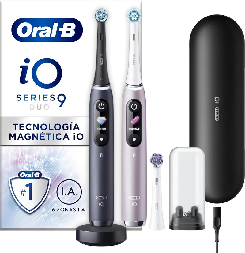 Oral-B ▫️ iO 9 Pack de 2 escovas de dentes eléctricas Preto e Rosa, com 3 cabeças de escova e 1 estojo de carregamento para viagem, 7 modos de limpeza, sensor de pressão, carregamento rápido, concebido pela Braun