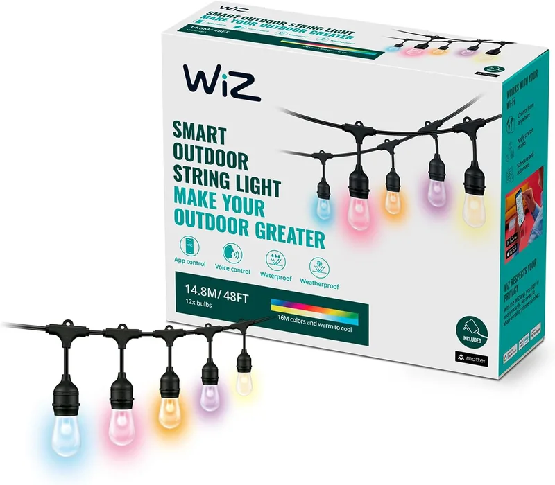 WiZ ▫️ Guirlanda de lâmpadas LED inteligentes, luz branca e 16 milhões de cores, 15 m e 12 lâmpadas, Wi-Fi, compatível com Matter, com tecnologia SpaceSense e compatível com Alexa e Google Home, classificação IP65