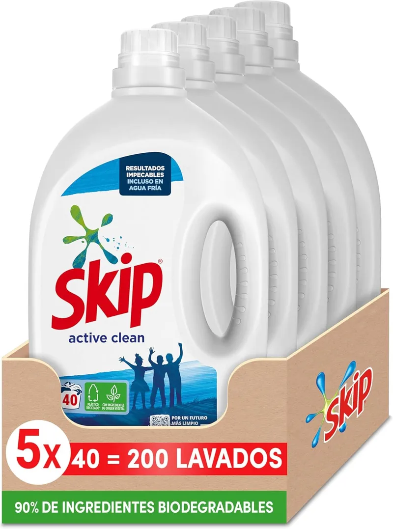 Skip ▫️ Detergente Líquido Active Clean para Máquina de Lavar Roupa com Ingredientes de Origem Vegetal 200 Lavagens (5 x 40 Lavagens)