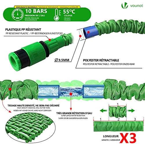 VOUNOT ▫️ ® Mangueira extensível de 15 m, mangueira flexível de jardim com pistola de pulverização de 10 funções, conectores de 1/2 e 3/4 de polegada, saco de arrumação, verde 2