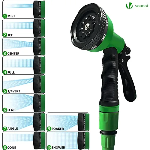 VOUNOT ▫️ ® Mangueira extensível de 15 m, mangueira flexível de jardim com pistola de pulverização de 10 funções, conectores de 1/2 e 3/4 de polegada, saco de arrumação, verde 3