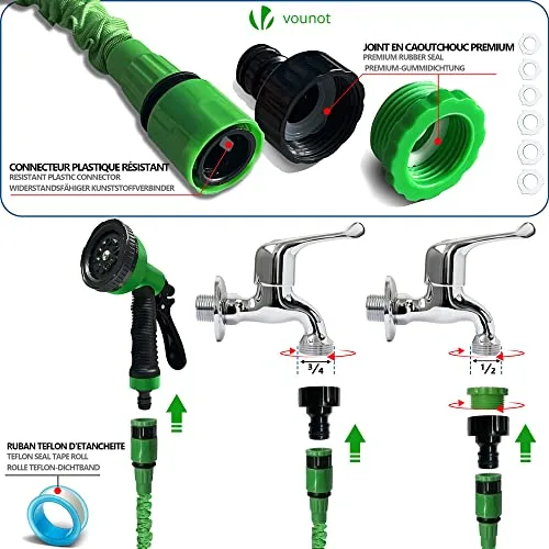 VOUNOT ▫️ ® Mangueira extensível de 15 m, mangueira flexível de jardim com pistola de pulverização de 10 funções, conectores de 1/2 e 3/4 de polegada, saco de arrumação, verde 4