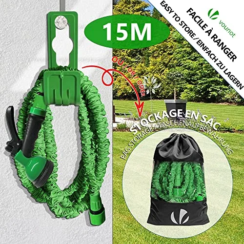 VOUNOT ▫️ ® Mangueira extensível de 15 m, mangueira flexível de jardim com pistola de pulverização de 10 funções, conectores de 1/2 e 3/4 de polegada, saco de arrumação, verde 5