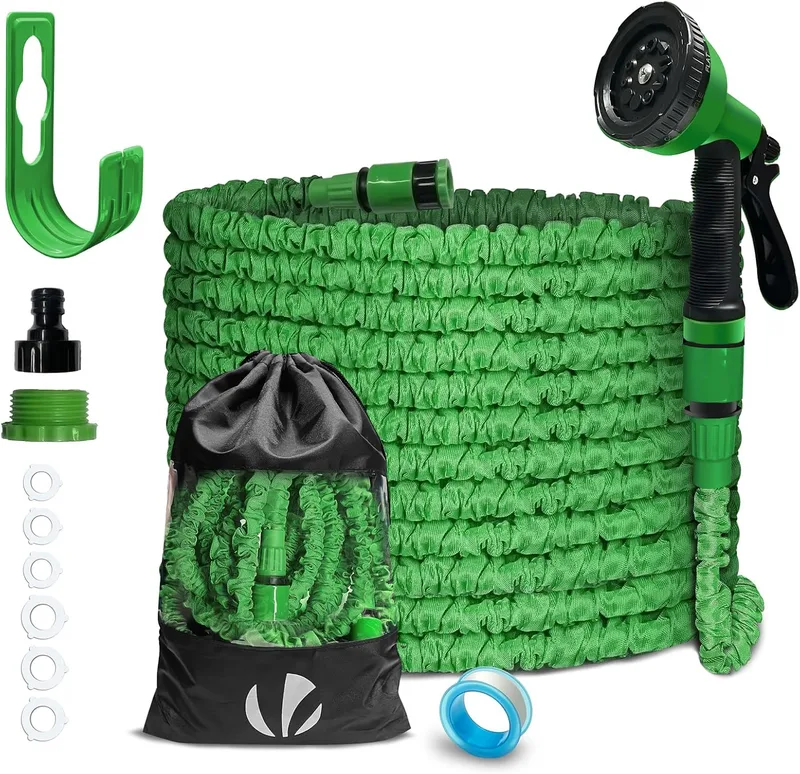 VOUNOT ▫️ ® Mangueira extensível de 15 m, mangueira flexível de jardim com pistola de pulverização de 10 funções, conectores de 1/2 e 3/4 de polegada, saco de arrumação, verde