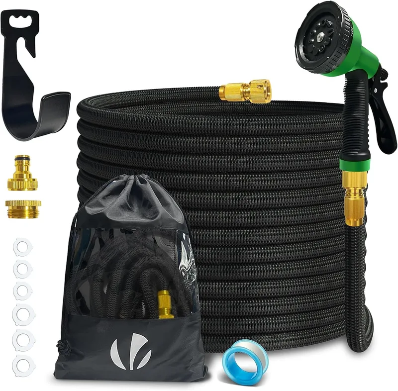 VOUNOT ▫️ ® Mangueira extensível de 15 m, mangueira flexível de jardim com pistola de pulverização de 10 funções, conectores de latão de 1/2 e 3/4 de polegada, saco de armazenamento, preto