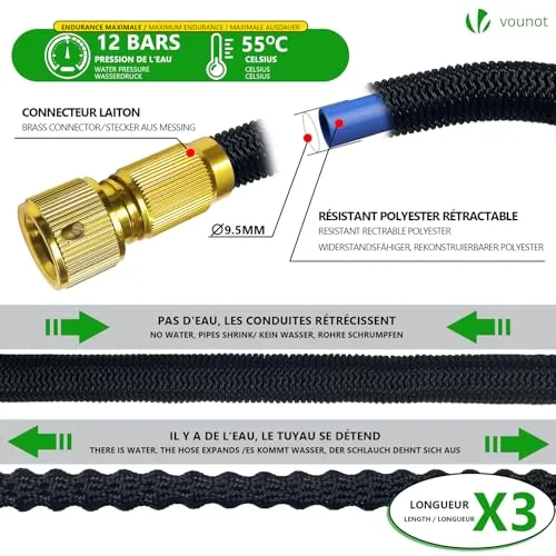 VOUNOT ▫️ ® Mangueira extensível de 30 m, mangueira flexível para jardim com pistola de pulverização de 8 funções e dispensador de sabão, conectores em latão de 1/2 e 3/4 polegadas, saco de armazenamento, preto 2