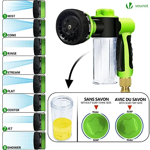 VOUNOT ▫️ ® Mangueira extensível de 30 m, mangueira flexível para jardim com pistola de pulverização de 8 funções e dispensador de sabão, conectores em latão de 1/2 e 3/4 polegadas, saco de armazenamento, preto 3