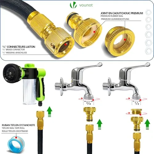 VOUNOT ▫️ ® Mangueira extensível de 30 m, mangueira flexível para jardim com pistola de pulverização de 8 funções e dispensador de sabão, conectores em latão de 1/2 e 3/4 polegadas, saco de armazenamento, preto 4