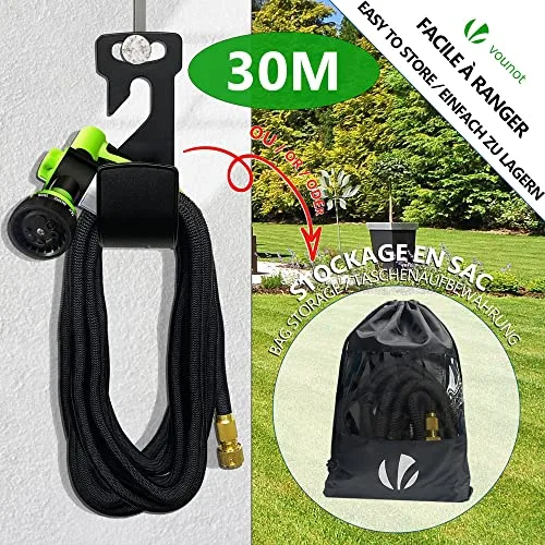 VOUNOT ▫️ ® Mangueira extensível de 30 m, mangueira flexível para jardim com pistola de pulverização de 8 funções e dispensador de sabão, conectores em latão de 1/2 e 3/4 polegadas, saco de armazenamento, preto 5