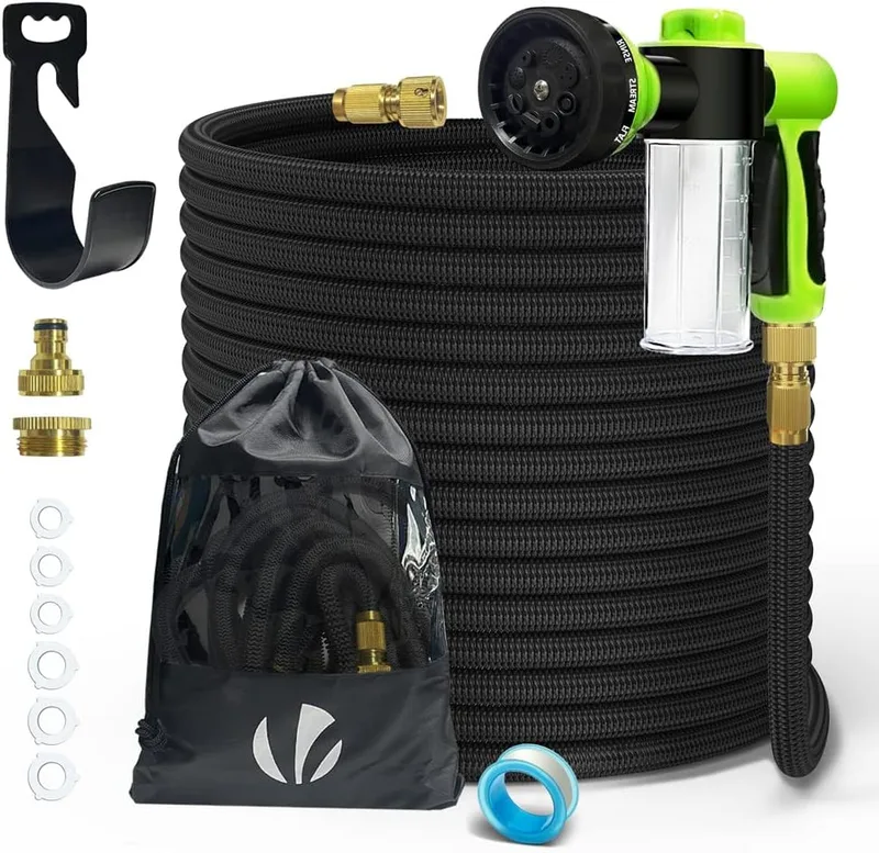 VOUNOT ▫️ ® Mangueira extensível de 30 m, mangueira flexível para jardim com pistola de pulverização de 8 funções e dispensador de sabão, conectores em latão de 1/2 e 3/4 polegadas, saco de armazenamento, preto