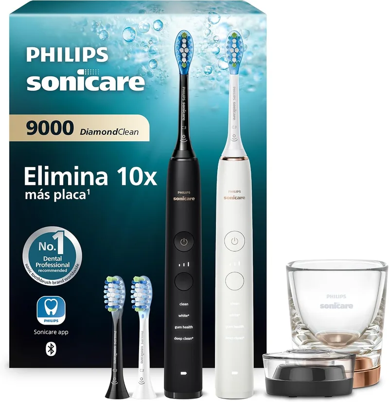 PHILIPS ▫️ Escova de dentes elétrica Sonicare DiamondClean 9000, embalagem dupla, escova de dentes sónica com aplicação, sensor de pressão, base de carregamento, preta e ouro-rosa, modelo HX9914/61