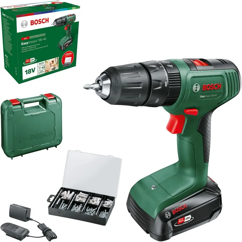 Bosch ▫️ Berbequim de percussão a bateria EasyImpact 18V-40 (1 bateria de 2,0 Ah, sistema de 18 V, conjunto de fixação de 173 peças, em mala de transporte) – Amazon Edition