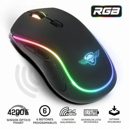 Spirit Of Gamer ▫️ Pro M9, Rato sem fios simétrico para jogos, 6 botões programáveis, sensor ótico de 4200 dpi, 6 efeitos de retroiluminação RGB personalizáveis, rato ergonómico recarregável para jogos 2