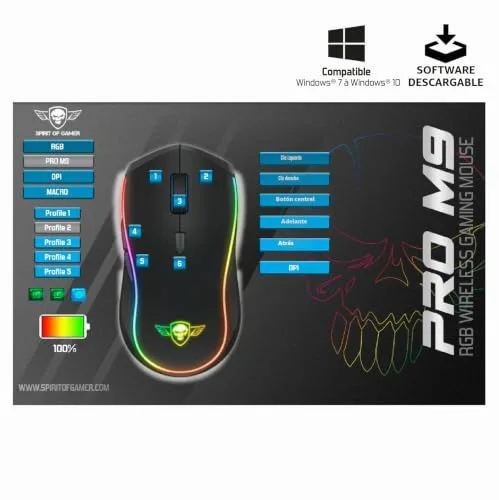 Spirit Of Gamer ▫️ Pro M9, Rato sem fios simétrico para jogos, 6 botões programáveis, sensor ótico de 4200 dpi, 6 efeitos de retroiluminação RGB personalizáveis, rato ergonómico recarregável para jogos 6