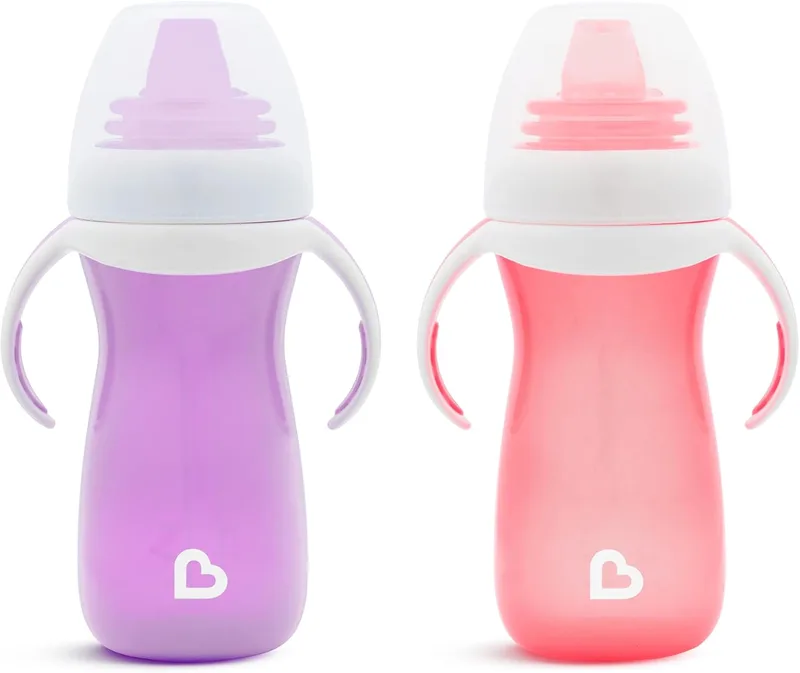 Munchkin ▫️ Copo didático para bebés conjunto de copos com bico, pegas e tampa, sem BPA, lavável na máquina de lavar louça, para bebés a partir dos 4 meses, conjunto de 2 x 296 ml, roxo/rosa